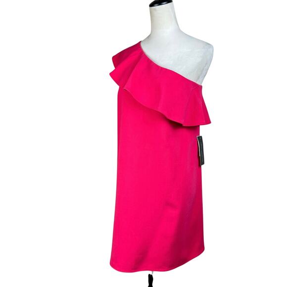French Connection NWT Deep Hot Pink One Shoulder Ruffle Overlay Mini Dress - Picture 4 of 12